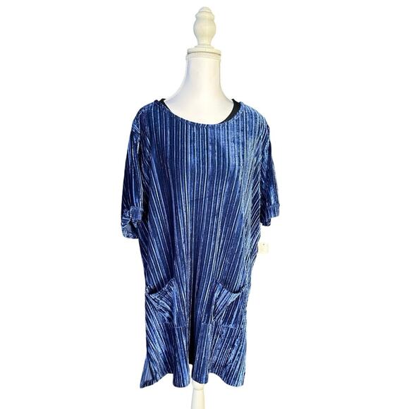 Hannah 2XL Crushed Velvet Navy Short Sleeve NWT Loose Holiday Shift Dress - Picture 1 of 6